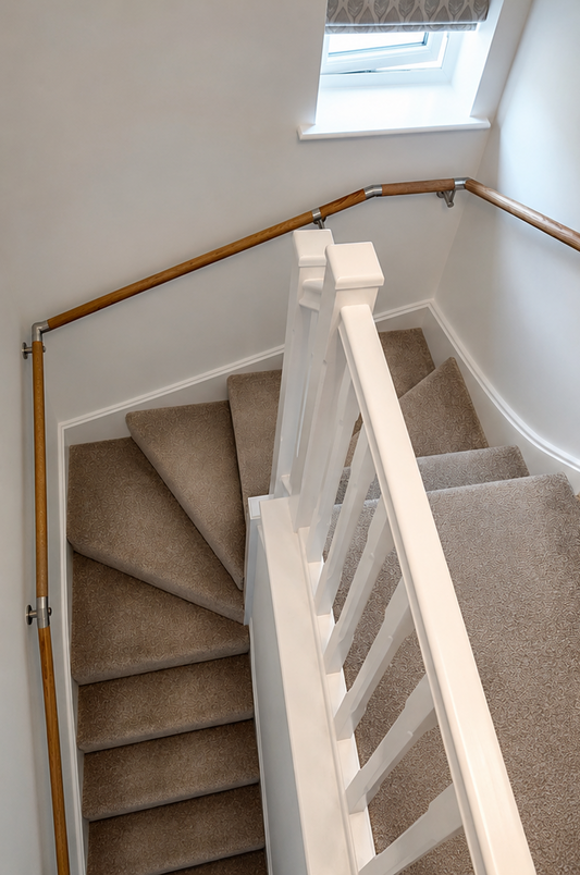 Made-to-measure oak handrail installed around a 1/2 turn winder staircase