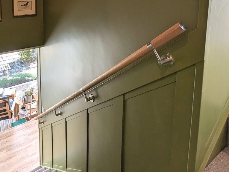 DIY Oak Handrail Installation on a Painted Staircase with Wall Panelling